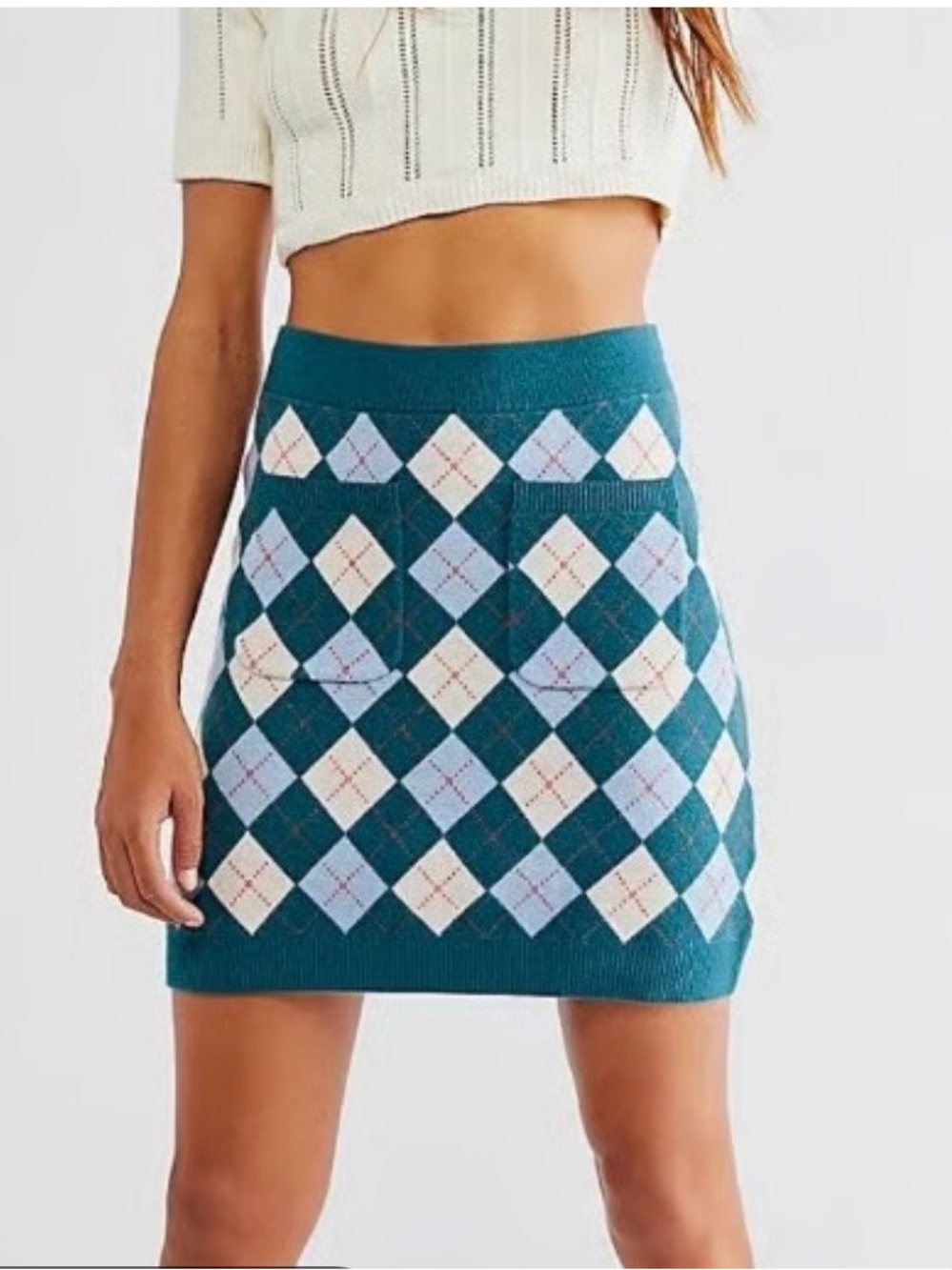 Free People Teal Argyle Knit Mini Skirt with Cream & Light Blue Diamonds